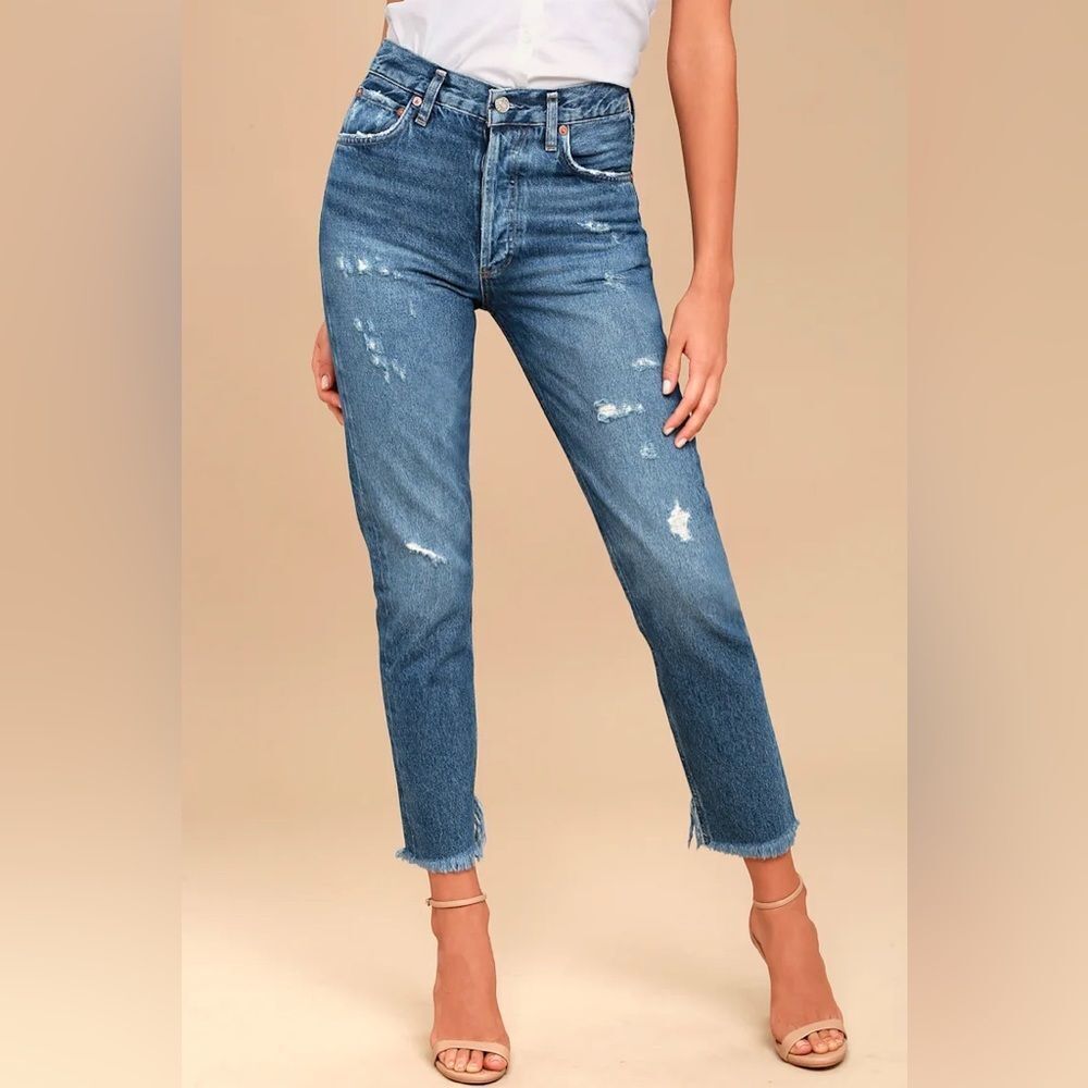 AGOLDE Jamie High Rise Medium Wash Distressed Crop Denim Jeans Size 30